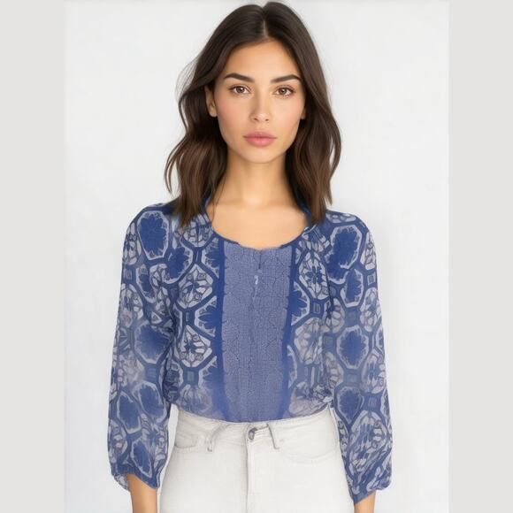 The Limited Blue White Geometric Lightweight Long Sleeve Boho Blouse Top XS - Picture 1 of 9